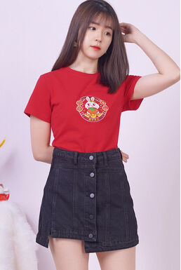 Round Neck CNY Embroidered 新年快乐 Rabbit Top (Red)